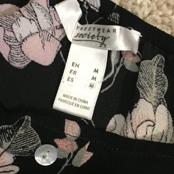 Black Off Shoulder Sleeve Floral Mother of Pearl Button Up Blouse - Picture 8 of 14